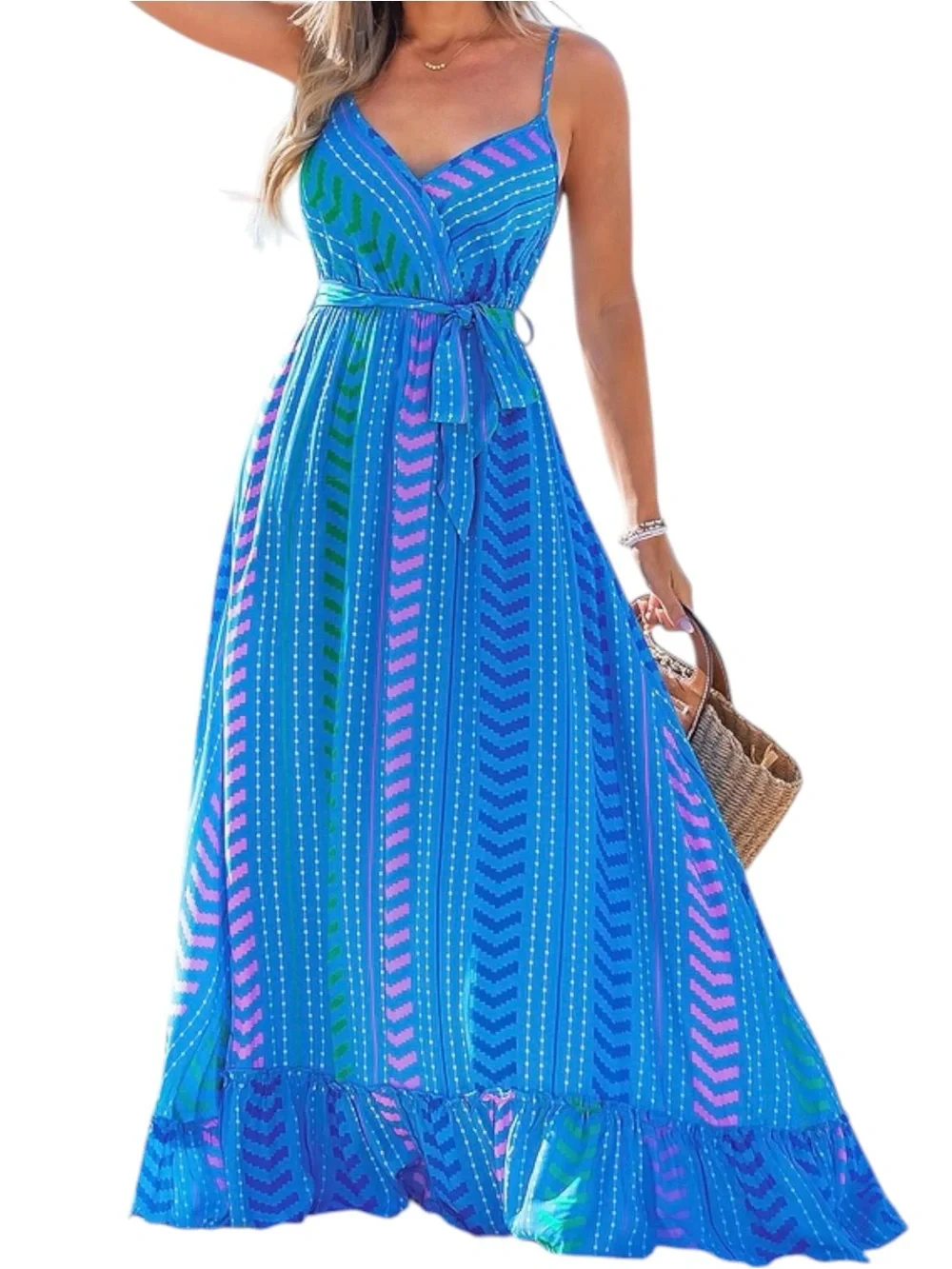 Cupshe Moonlit Stroll Blue Boho Maxi Dress Ruffle Hem Striped NWT Size Small - Picture 3 of 7